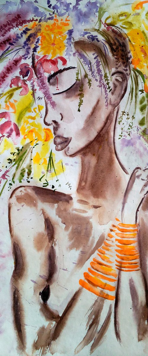 Flower Head Painting Woman Original Art African Queen Watercolor Lady with Flower Hat Artwork Home Wall Art 12 by 17" by Halyna Kirichenko by Halyna Kirichenko