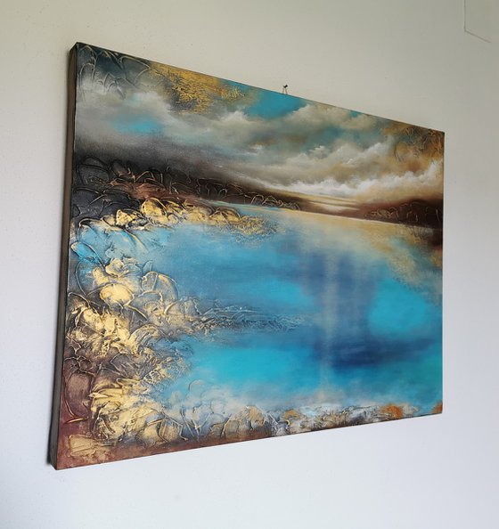 A large semi-abstract beautiful structured mixed media painting of a seascape with the sunrise "A new day" from "Silence" series