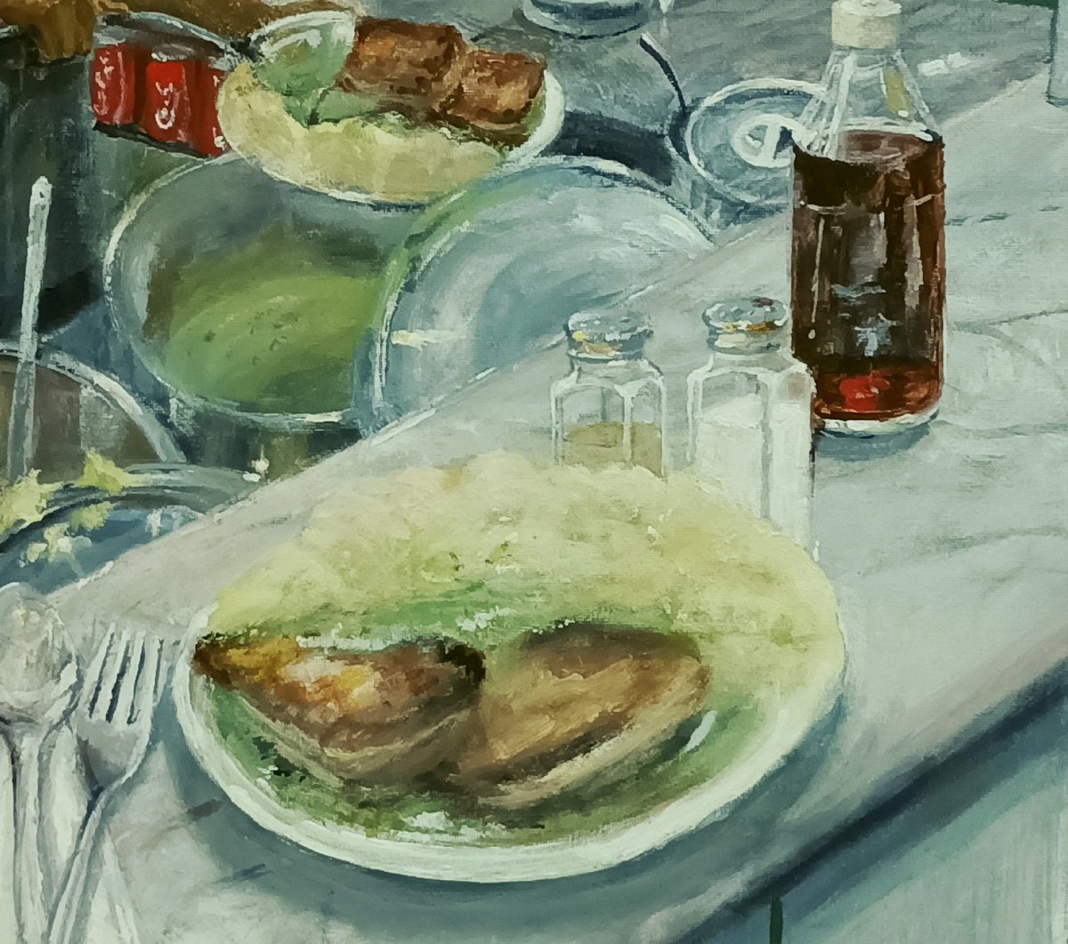 Impressionistic Still Life Acrylic Painting By Alan Harris, 16 X 20, Double Double, London Pie Mash, Original Artwork