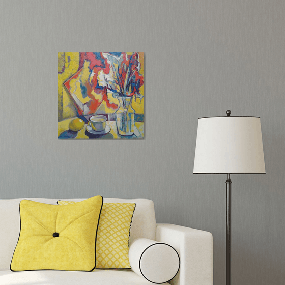 Yellow still life (50x50cm, cubism, oil painting, ready to hang)