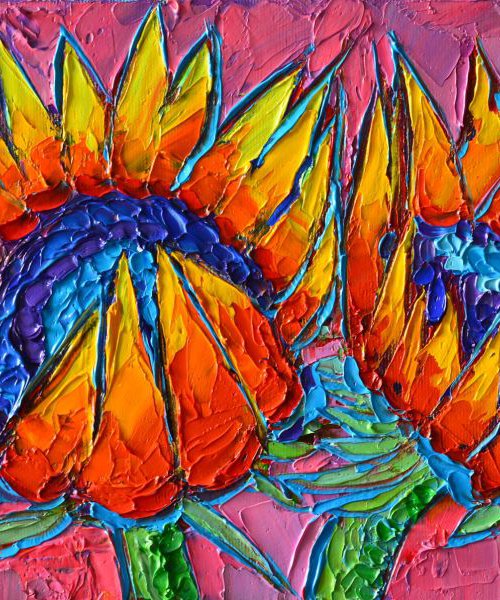 SUNFLOWERS LOVE - VIBRANT COLOURFUL FLORAL ART - palette knife oil painting by ANA MARIA EDULESCU
