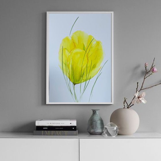 YELLOW GREEN FLOWER, ABSTRACTION - alcohol ink , plastic paper