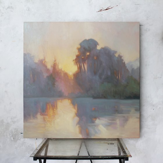 "Evening fog" River gray orange oil landscape