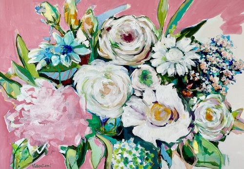LOVE IS IN THE AIR - 70 X 50 CM - FLORAL PAINTING ON CANVAS * PINK * GREEN by Jani Vallentimi