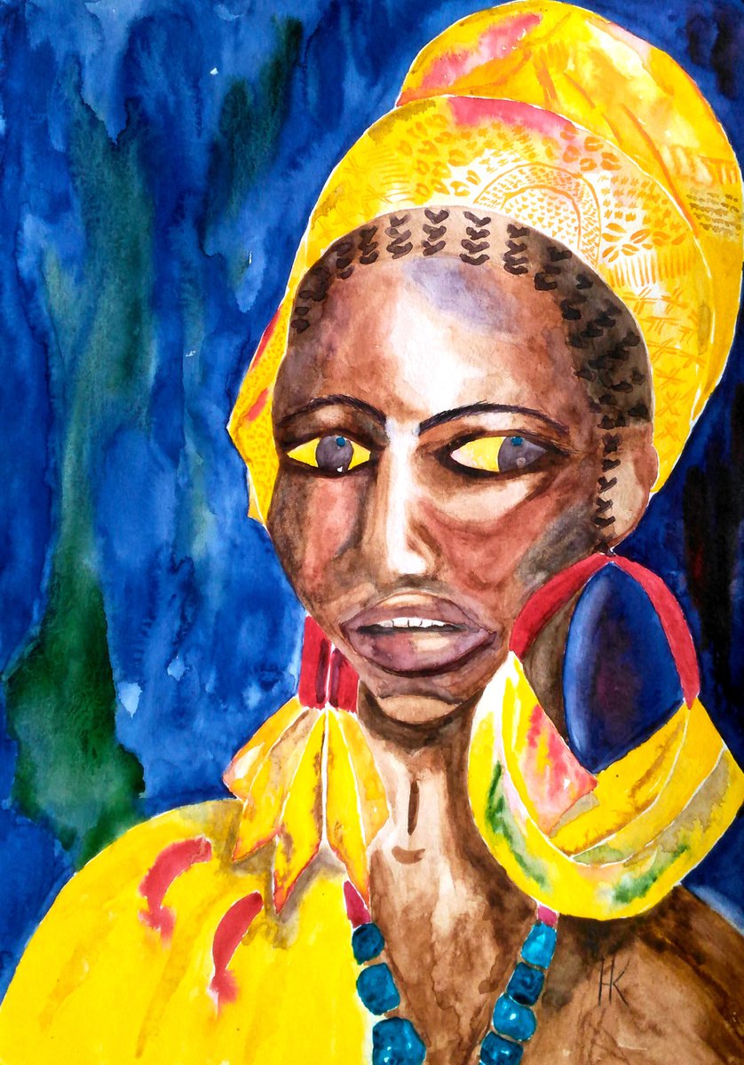 African Woman Painting Portrait Original Art African Queen Watercolor Female Portrait Home... by Halyna Kirichenko