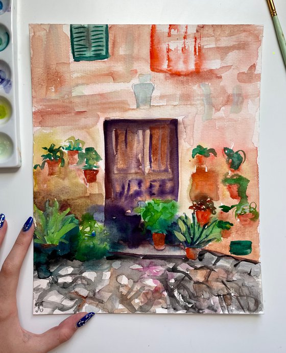 Spain Original Watercolor Painting, Mallorca Island Wall Art, Cozy Street Artwork, Travel Gift, Mediterranean Home Decor