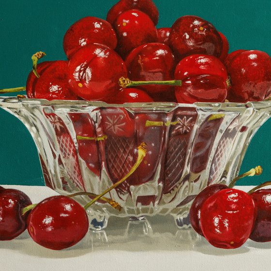 Red Cherries in a Glass Bowl