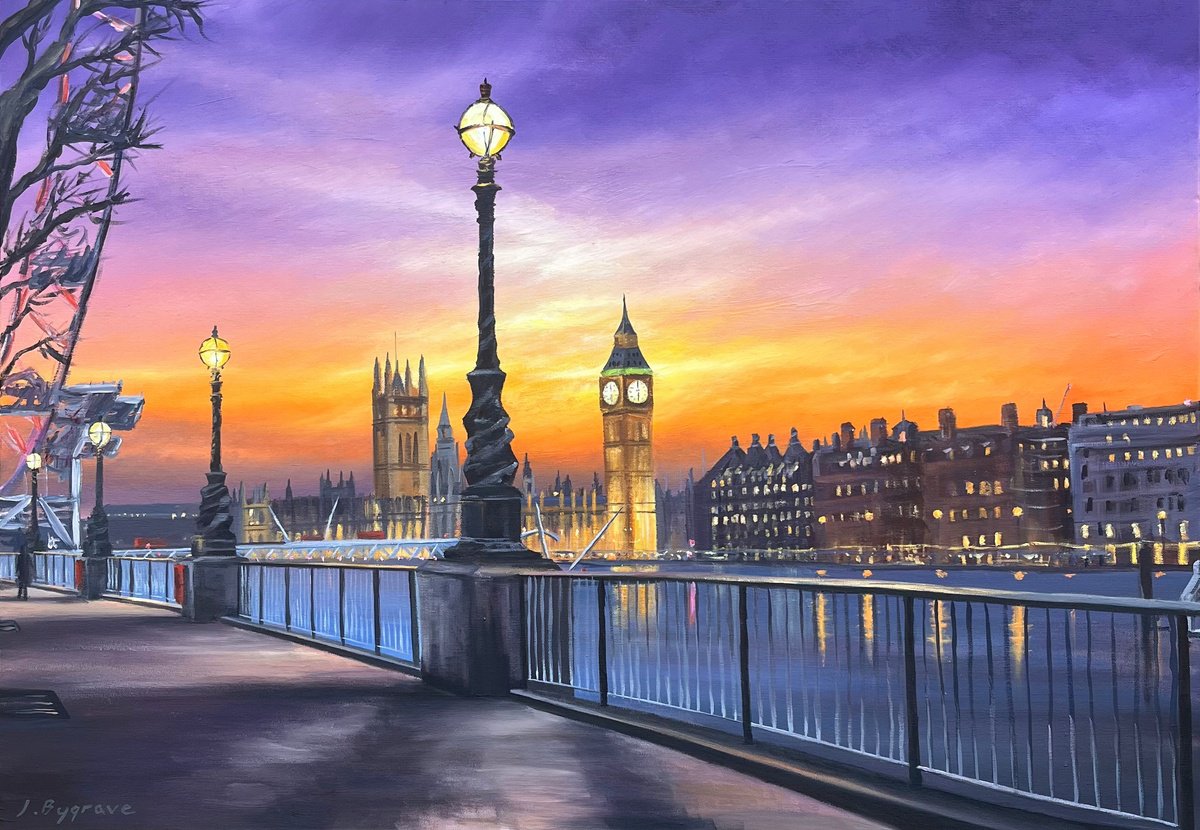 Expressive Cityscapes Oil Painting By Josh Bygrave, 39 X 28", London Sunset, Original Artwork