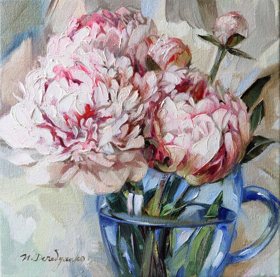 Peony art painting original on canvas 8x8, Pale pink peonies painting in oil, Flowers art canvas painting