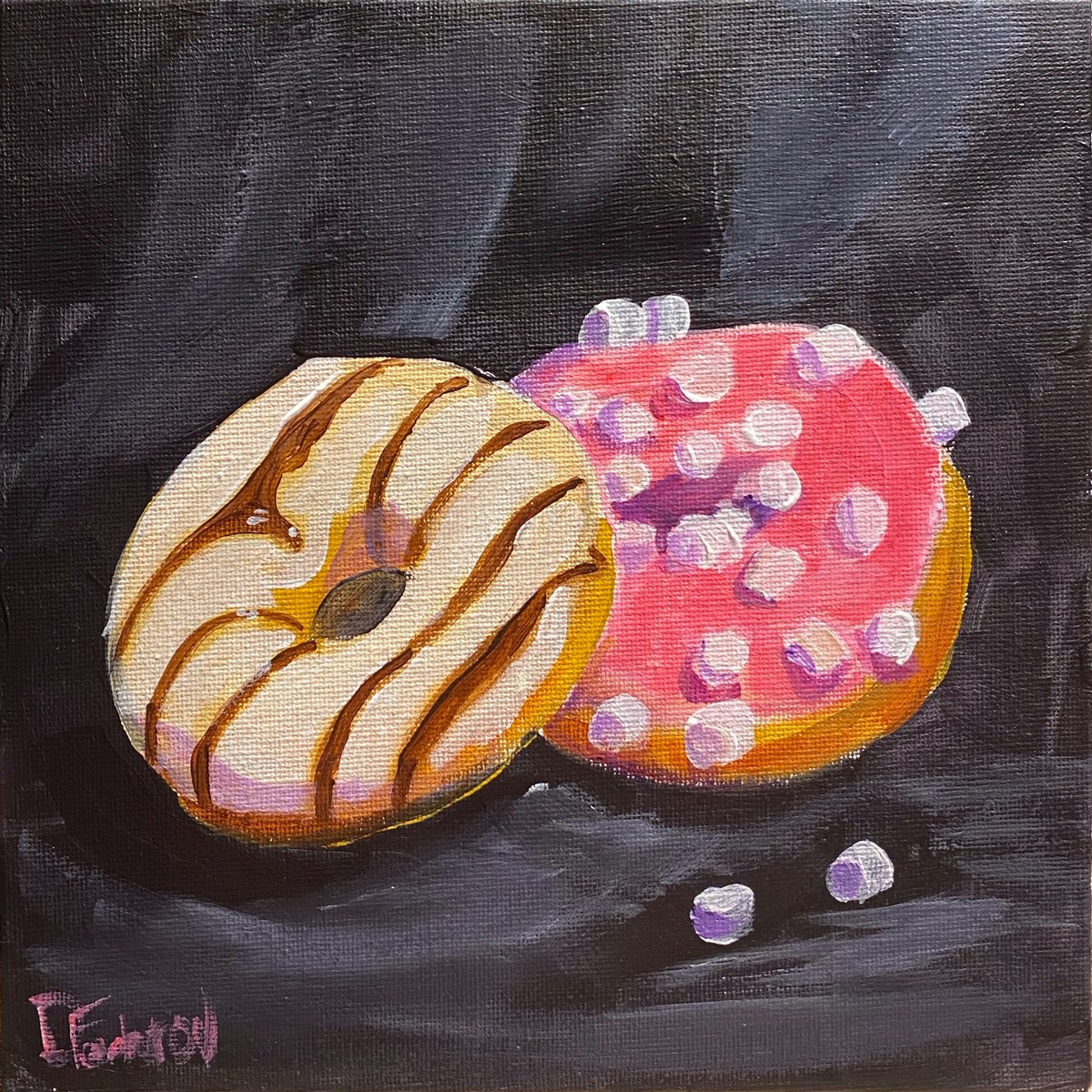 Impressionistic Still Life Acrylic Painting By Dmitry Fedorov, 8 X 8, Still Life With Donuts, Original Artwork