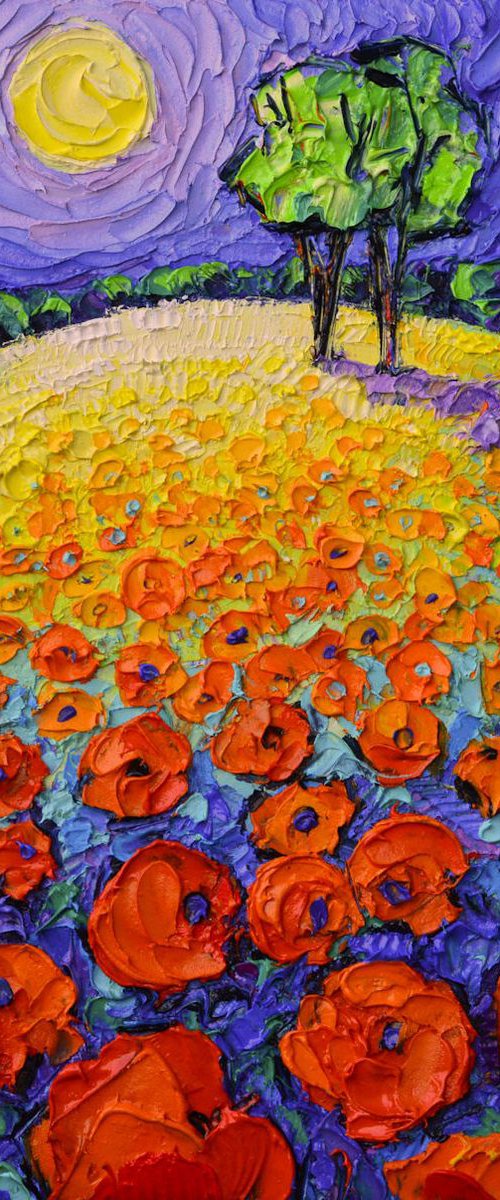 POPPIES ROUNDSCAPE FAIRY NIGHT textural impressionist impasto palette knife oil painting by Ana Maria Edulescu by ANA MARIA EDULESCU
