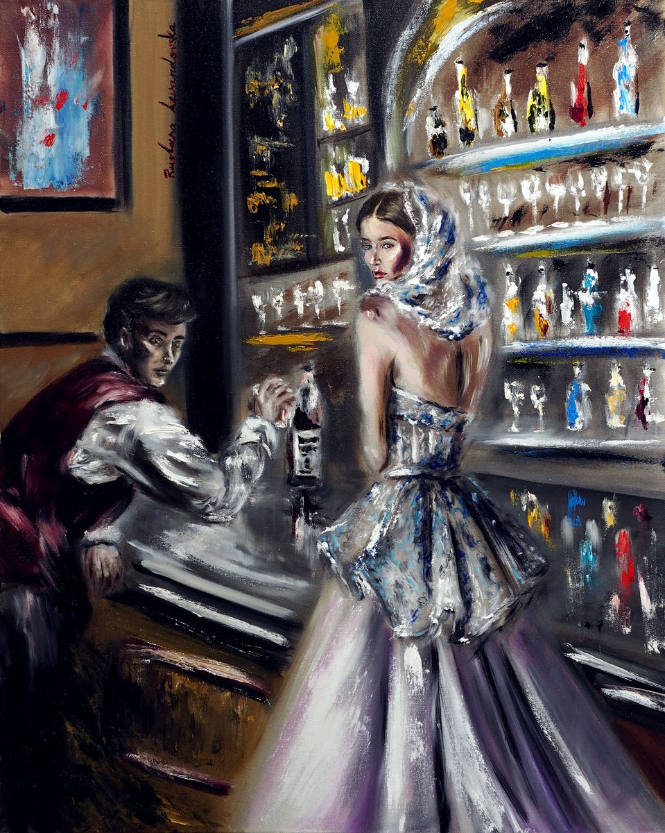 Impressionistic Portrait Oil Painting By Ruslana Levandovska, 24 X 30", A Veiled Woman At The Bar, Original Artwork
