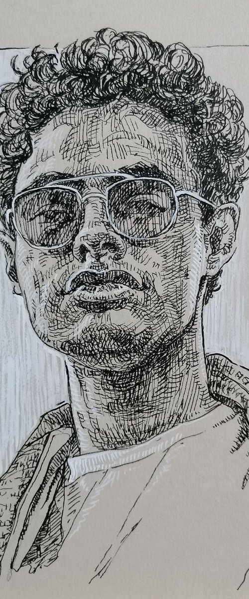 Handsome man with sunglasses, portrait on paper by Katarzyna Gagol