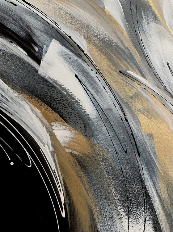 Wild and Free - XL LARGE;  GOLD, BLACK & WHITE ART; MODERN ABSTRACT ART – EXPRESSIONS OF ENERGY AND LIGHT. READY TO HANG!