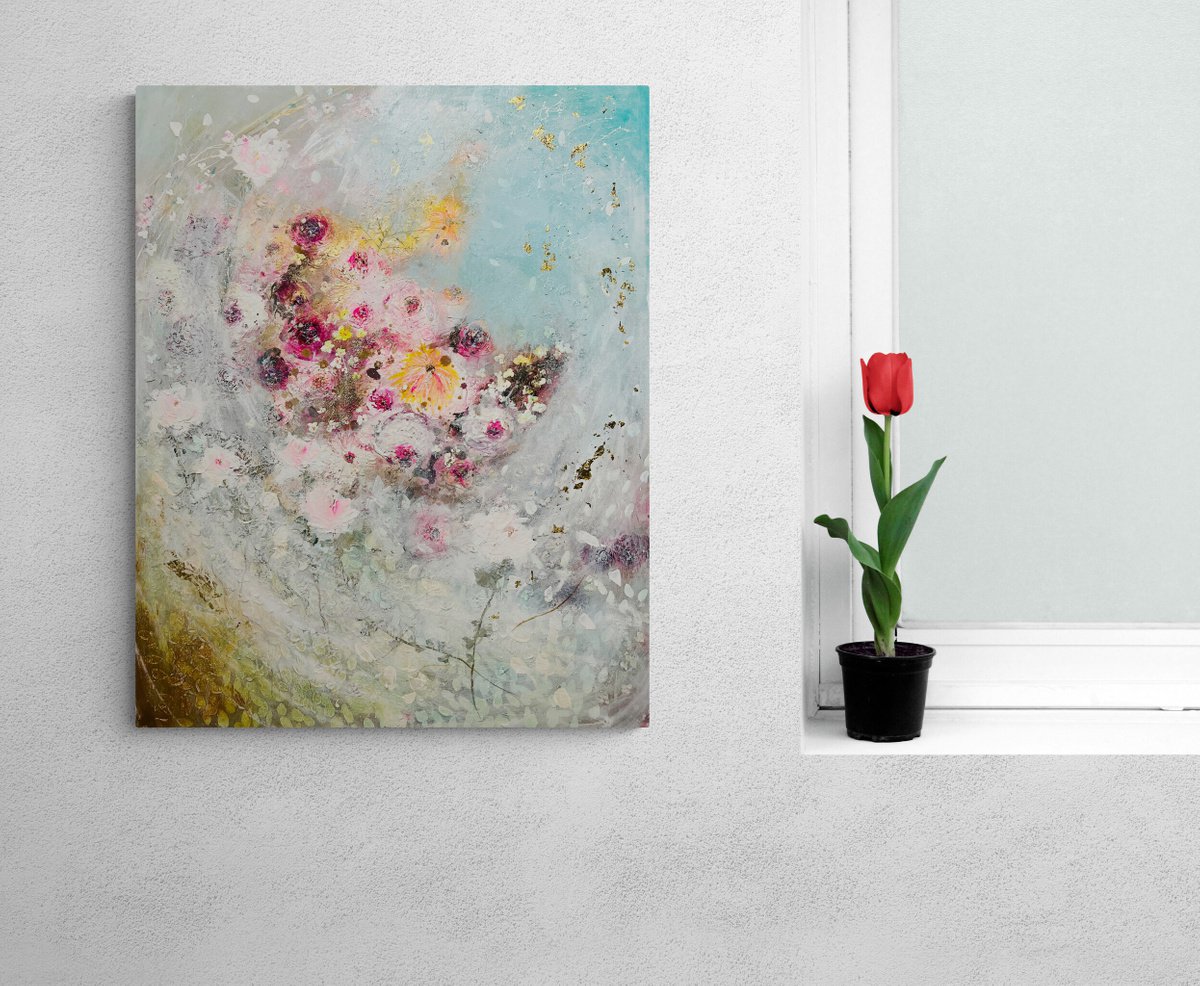 Abstract Botanical Painting By Henrieta Angel, 24 X 30, Dancing In The Wind, Original Artwork