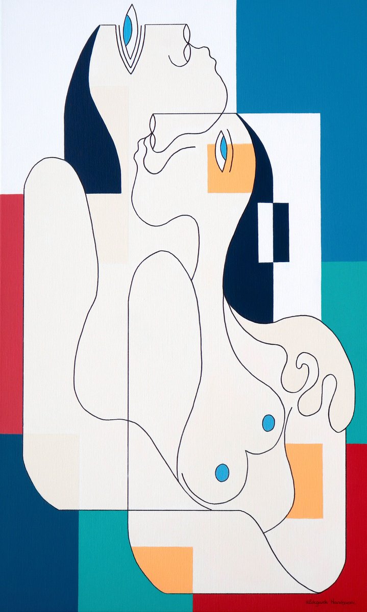 Organic Portrait Acrylic Painting By Hildegarde Handsaeme, 24 X 39, A Symphony Of Tenderness And Serenity, Original Artwork