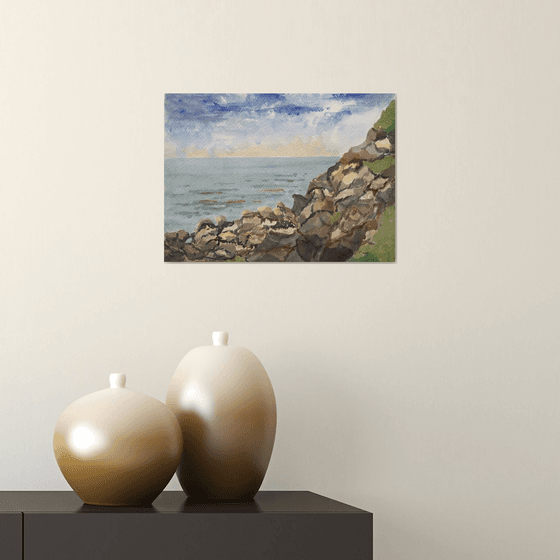 Rocky coastline, watercolour painting.