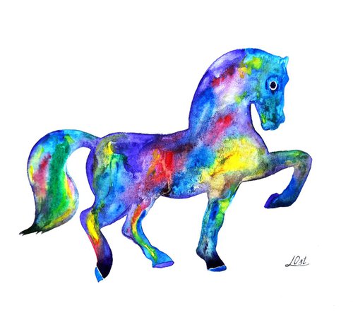 Horse, rainbow, watercolor by Luba Ostroushko