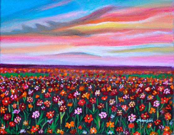 Floral meadow at sunset cheerful landscape