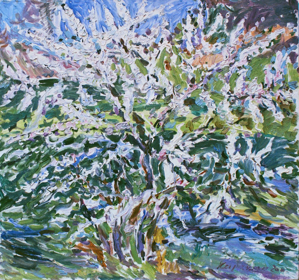 FLOWERING BUSH - original oil on canvas, floral landscape art, blooming tree plant, spring... by Karakhan