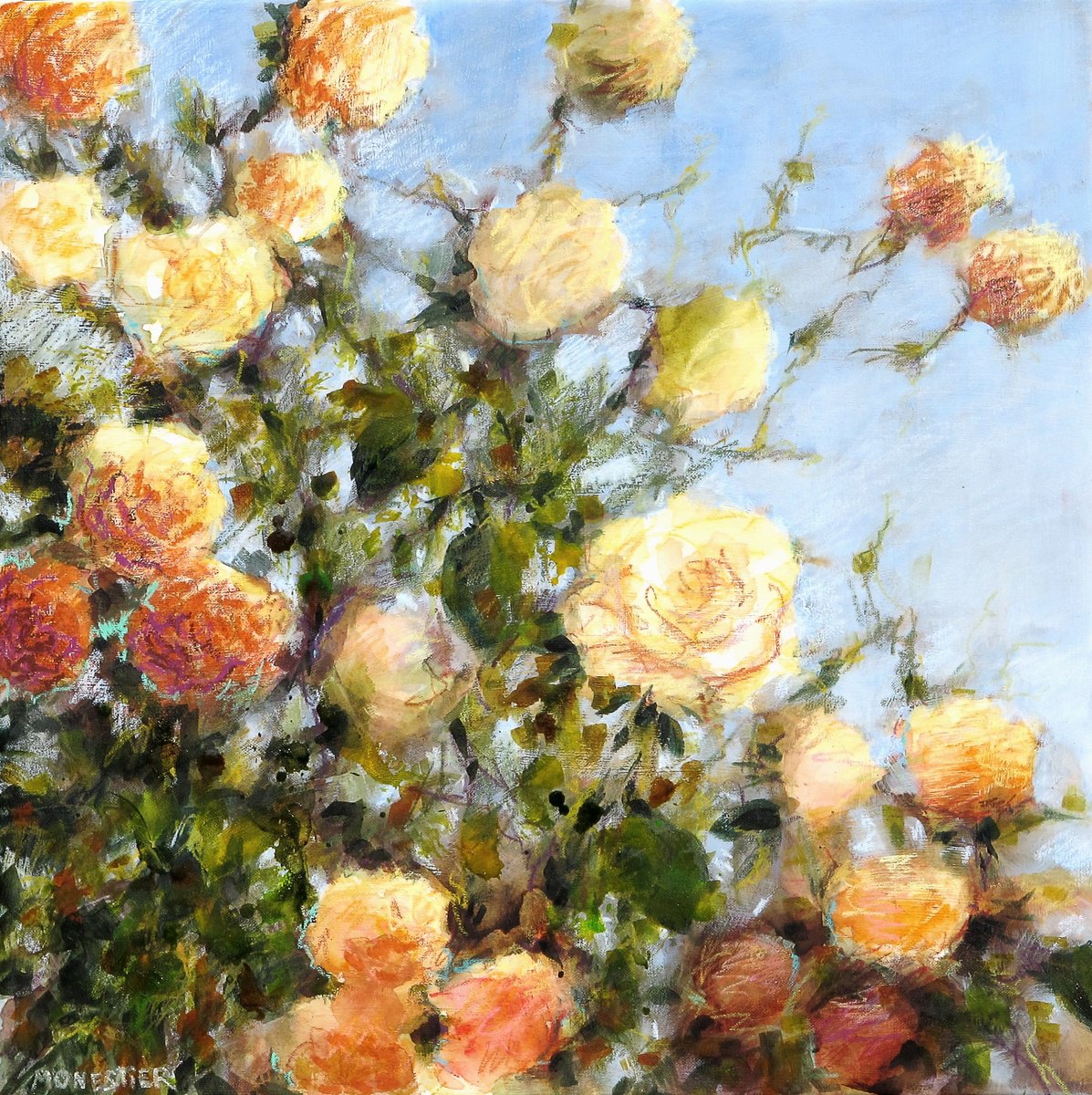 Impressionistic Botanical Painting By Fabienne Monestier, 20 X 20, Yellow Roses, Original Artwork