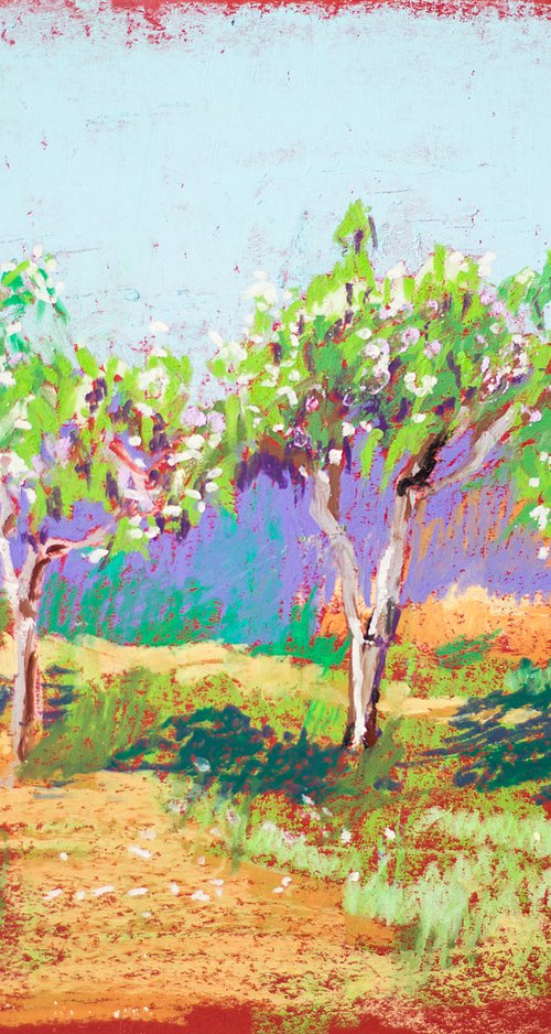 Apple garden. Sunny urban natural impressionistic landscape. Medium size oil pastel impressionistic interior painting travel decor Spain Madrid by Sasha Romm