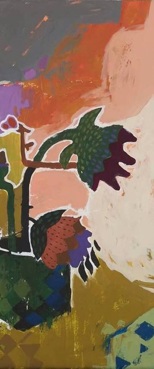 "Homeplant" Abstract green orange blue art by Yana Sagan