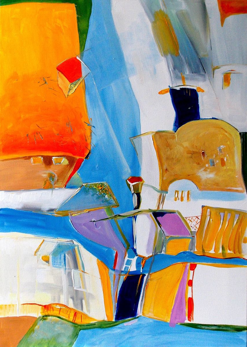 Organic Cityscapes Acrylic Painting By Maria Paunova, 20 X 28", The Meeting Is In The Same Place, Original Artwork