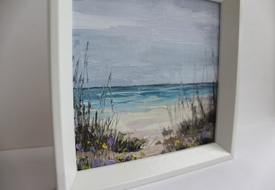 Abstract Beach painting impasto Framed 15x15cm6x6inch