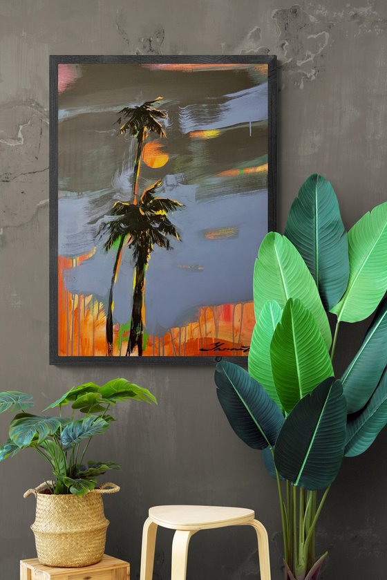 Expressionist painting - "Storm at sunset" - Pop Art - Palms and Sea - Night seascape - Sun - Orange Sunset