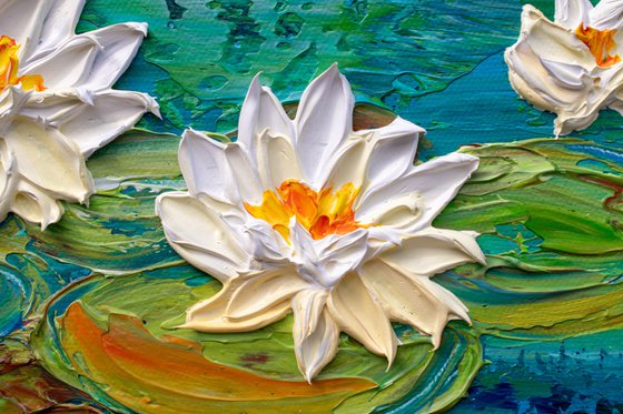 Water Lily Lake - Impasto Floral Art, Palette Knife Painting