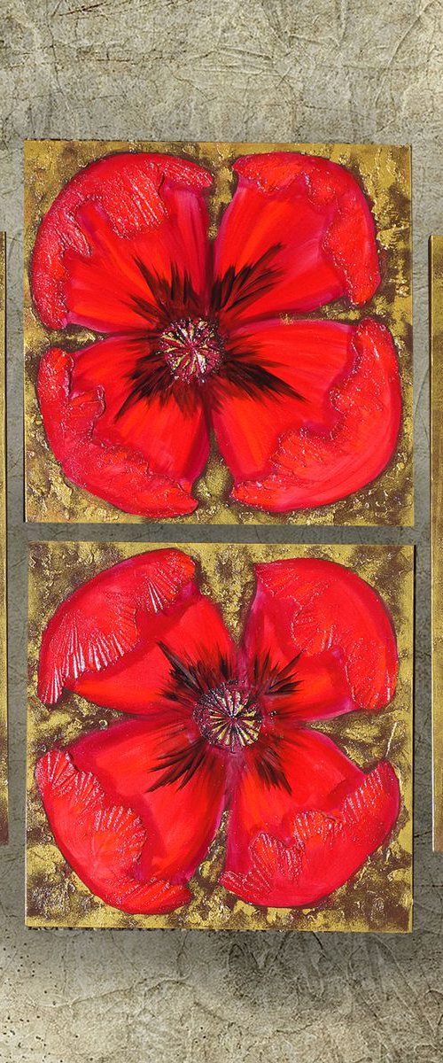 textured gold paintings A049 red Poppies decor original abstract art big ready to hang painting acrylic on stretched canvas metallic textured glossy wall art by Ksavera