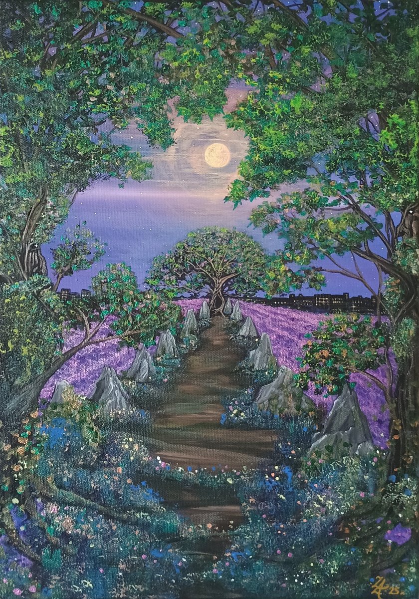Landscape Acrylic Painting By Zoe Adams, 12 X 17", City Lights / Tree People, Original Artwork