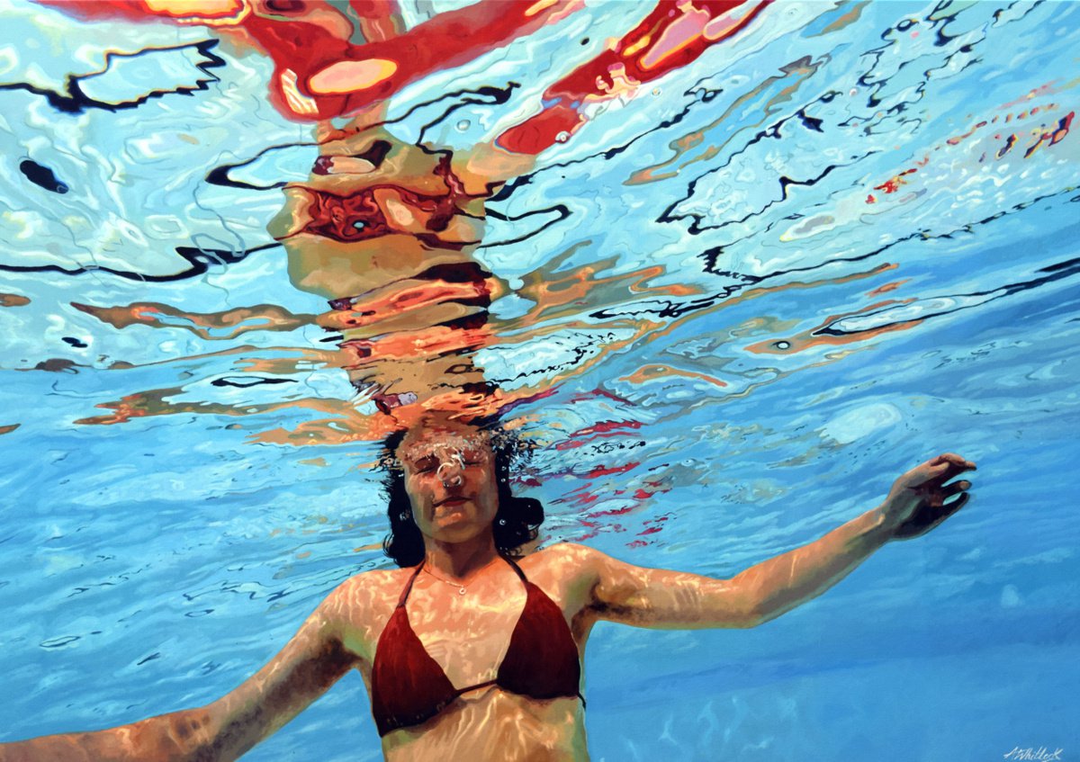 Photorealistic Portrait Acrylic Painting By Abi Whitlock, 39 X 28, Radiance - Large Swimming Painting, Original Artwork