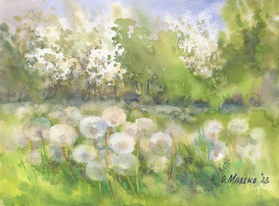 Dandelion field. The little clouds / ORIGINAL watercolor 12,2x9,1in (31x23cm)