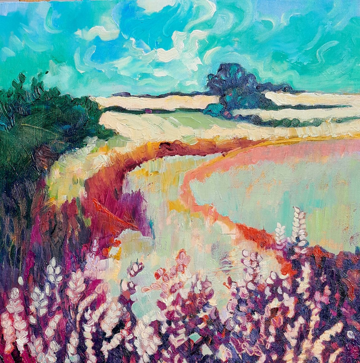 Impressionistic Landscape Oil Painting By Mary Kemp, 12 X 12", Scrappy Summers End, Original Artwork