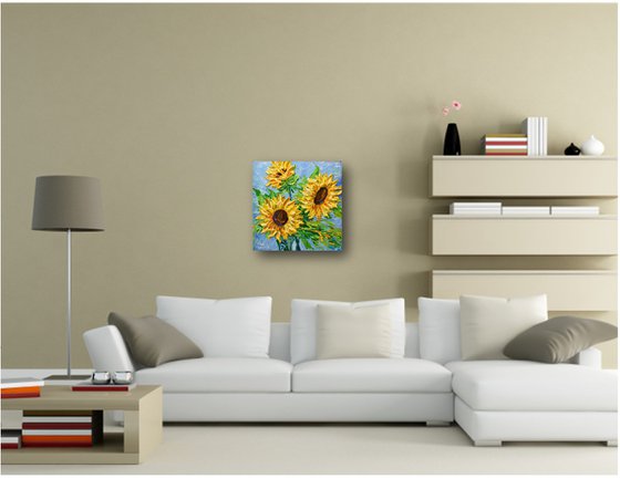 Sunflowers on Blue III - Original Floral Painting on Canvas, Palette Knife Art, Textured Impasto Artwork