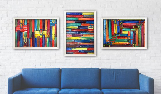 "We Can Do It" - Save As Series + FREE USA SHIPPING - Original Xt Large PMS Abstract Triptych Oil Paintings On Recycled Wood - 108" x 40"