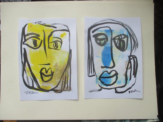 2 girls portraits in yellow and blue 8,2 x 5,9 inch unique mixedmedia drawing