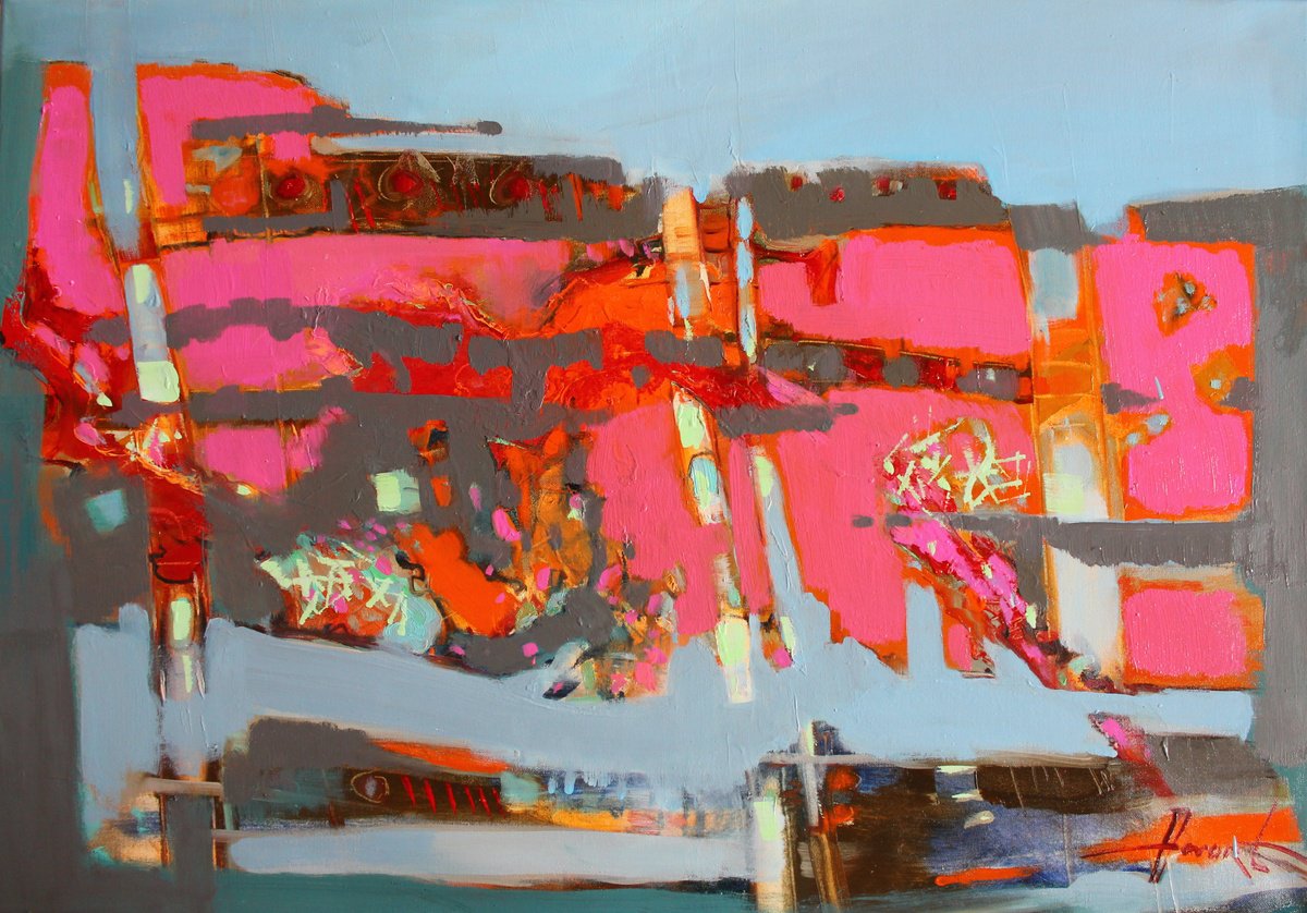 Expressive Abstract Oil Painting By Henadzy Havartsou, 39 X 28, Coral Dream, Original Artwork