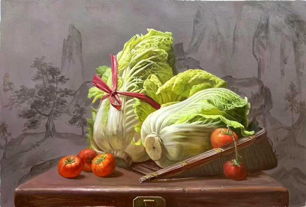 Photorealistic Oil Painting , Still Life:chinese Cabbage And Tomato T176 By Kunlong Wang, 35 X 24, Artwork For Sale On Artfinder