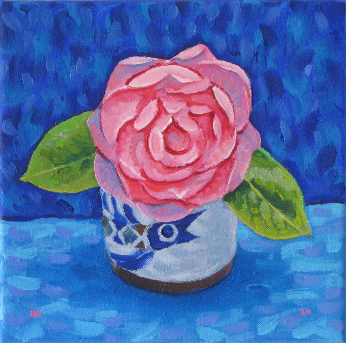 Botanical Oil Painting By Richard Gibson, 8 X 8", Single Rose In A Small Pot, Original Artwork