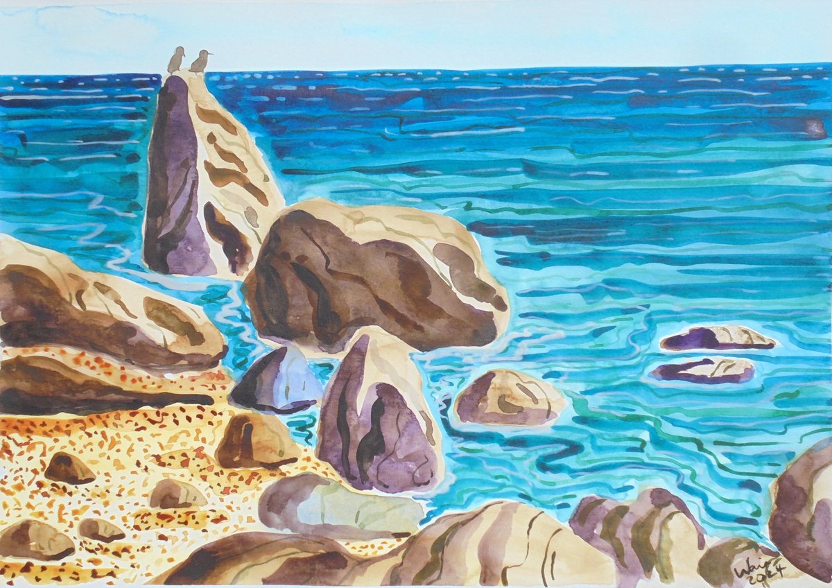 Impressionistic Landscape Watercolour By Kirsty Wain, 17 X 11", Rocky Shore In Andalucia, Original Artwork