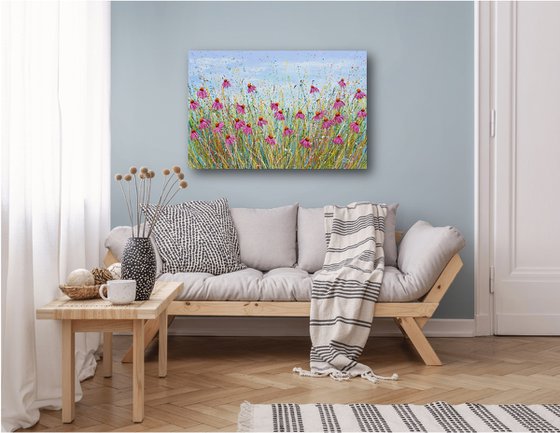 Pink Echinacea- Textured Floral Painting, Palette knife art