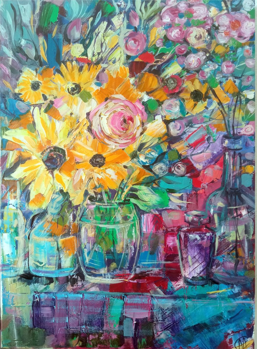 Impressionistic Botanical Oil Painting By Alina Skorokhod, 14 X 20, Floral Glamoure Still Life, Original Artwork