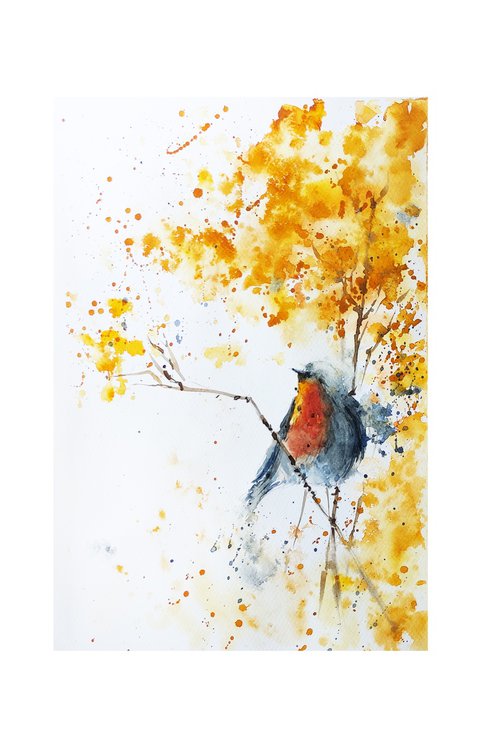 Robin bird original watercolour painting, wall art birds, spirited animal bird, nursery wall art, kitchen wall art, yellow flower with bird by Dawna Mae Mangeart