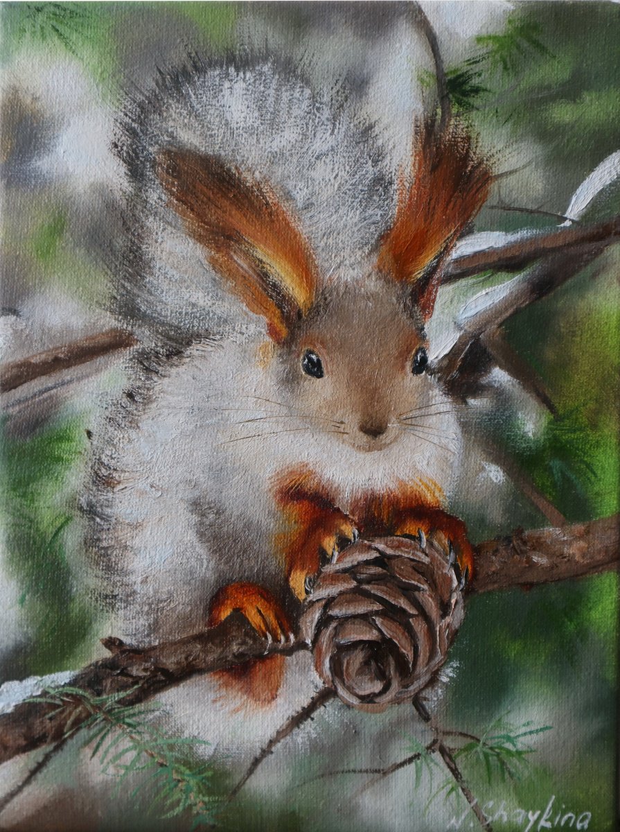 Photorealistic Animal Oil Painting By Natalia Shaykina, 7 X 9", Squirrel With Pinecone, Original Artwork
