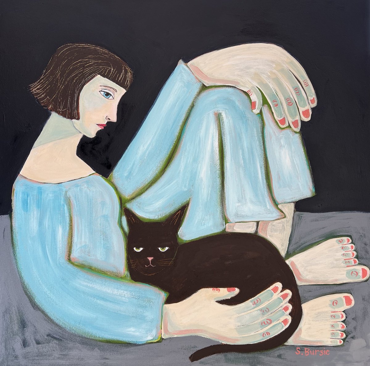Lady And Cat With Big Hands And Feet By Sharyn Bursic, 24 X 24, Artwork For Sale On Artfinder