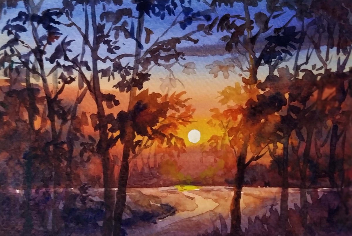 Impressionistic Landscape Watercolour By Samiran Sarkar, 8 X 6", Sunset Through Forest, Original Artwork