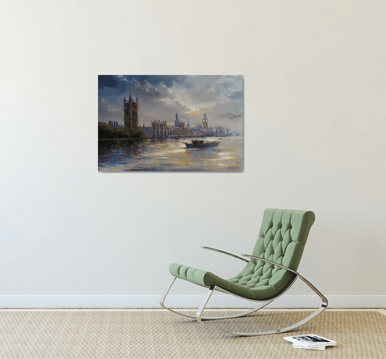 London Evening -  Thames, Palace of Westminster, large original oil painting